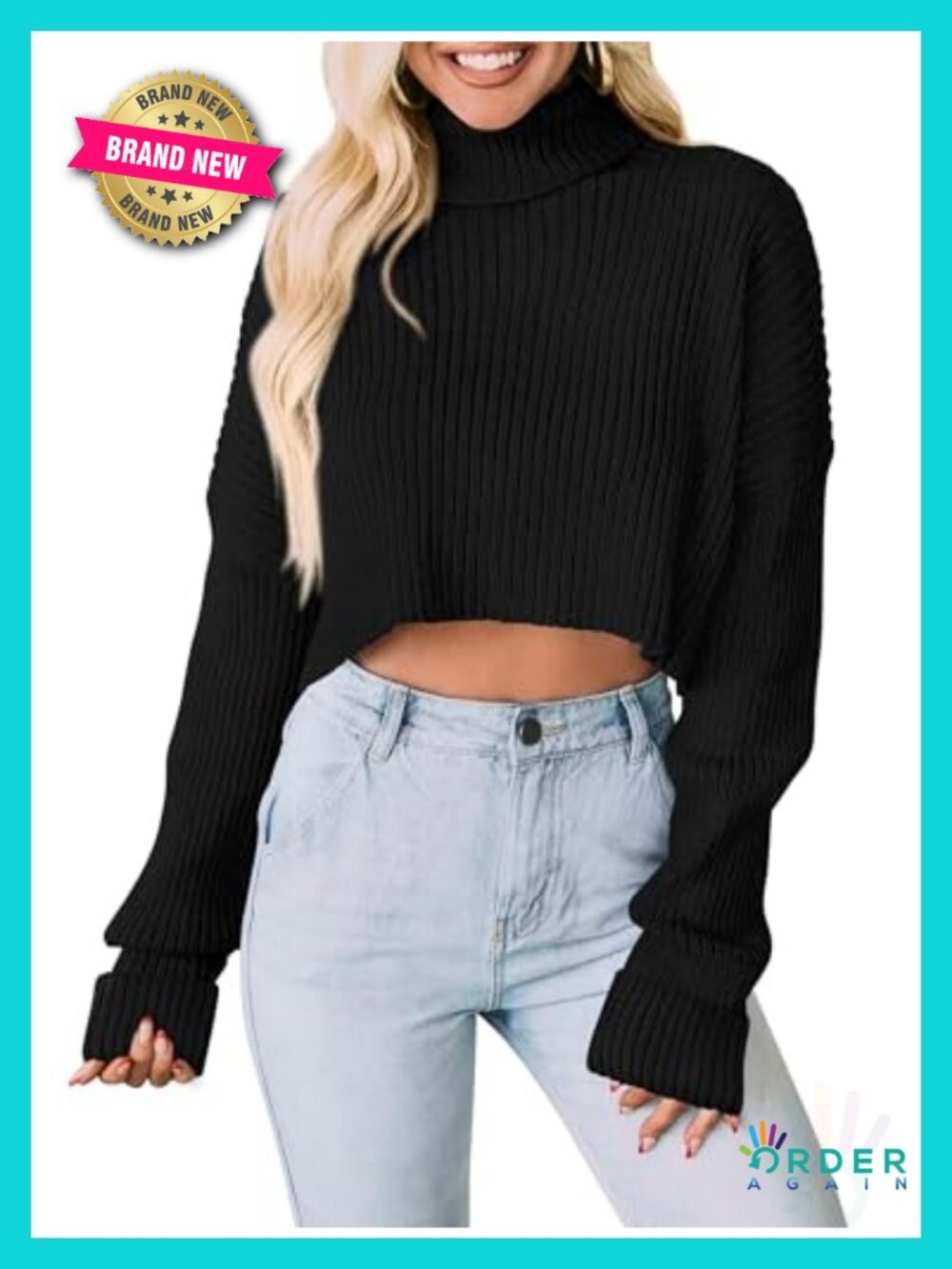 Womens Turtleneck Long Sleeve Cropped Sweater Ribbed Knit Pullover